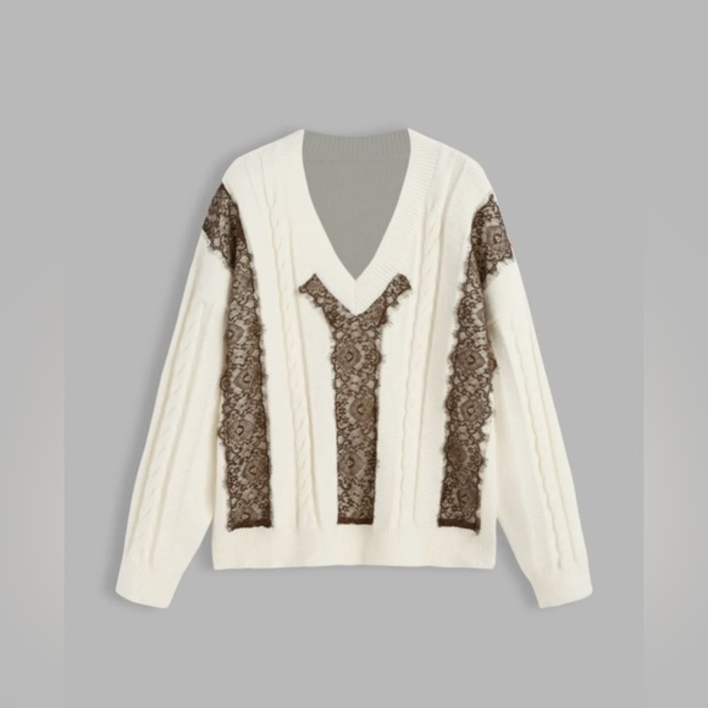 XL Oversized Vintage Lace Panel Knit Sweater